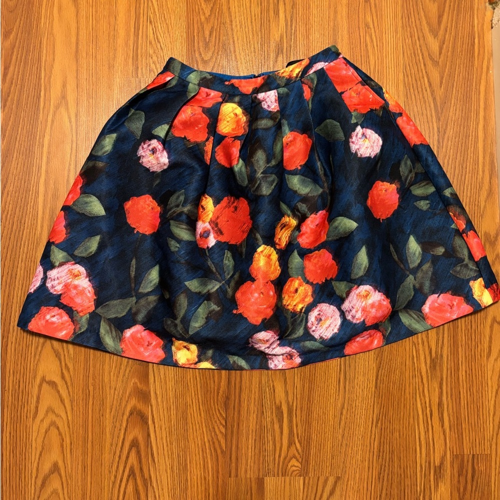 Full Circle Floral Skirt in Navy with Red & Pink Blooms